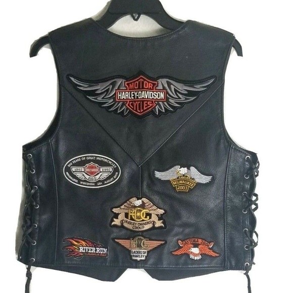Harley Davidson Patches Side Lace Up Front Snap Leather Vest Women's Size 11-12 - Picture 1 of 8